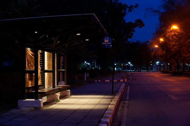 Beautiful lights in a bus stop at dawn