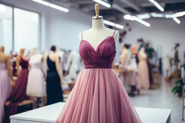 Photo a beautiful lilac evening dress on a mannequin in a fashion salon atelier