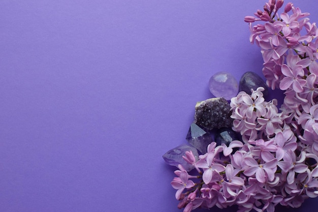 Beautiful lilac flowers and semiprecious stones amethyst lie on
a purple background copy space