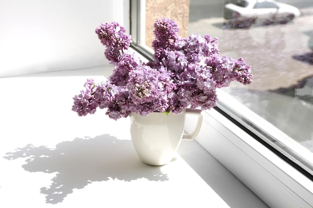 Beautiful lilac flowers on windowsill
