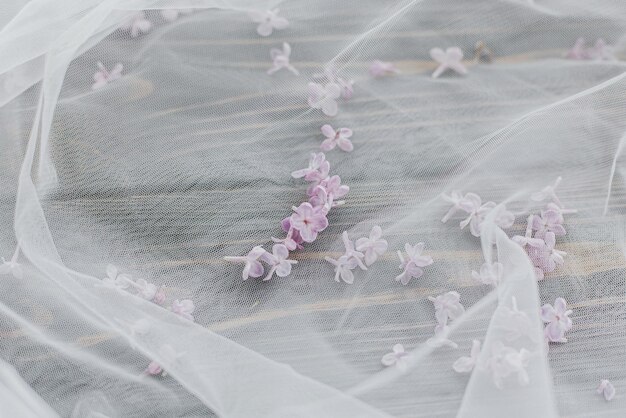 부드러운 얇은 명주 그물에 있는 아름다운 라일락 꽃잎은 짙은 목재 탑 뷰 복사 공간 부드러운 봄의 미학