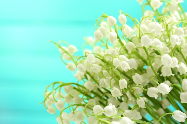 Beautiful lilies of the valley on wooden background