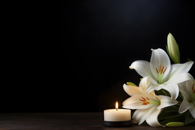 Beautiful lily and burning candle on dark background with space for text Funeral white flowers