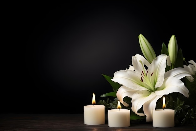 Beautiful lily and burning candle on dark background with space for text Funeral white flowers