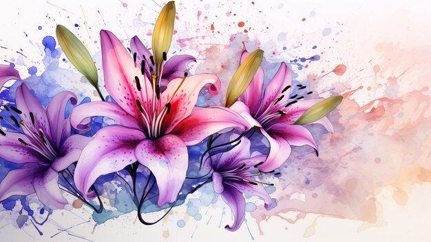 Beautiful lily flowers watercolor splashes flower background invitation wedding card ai generated