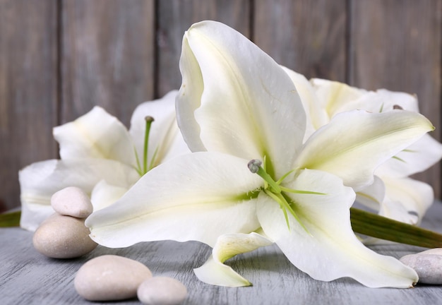 Beautiful lily on wooden table