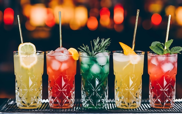 Красивая линия красочных алкогольных коктейлей в баре ночного клуба