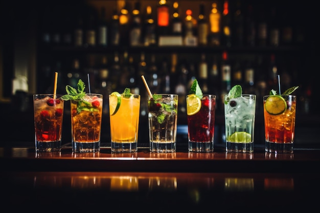 beautiful line of colorful alcoholic cocktails in a nightclub bar