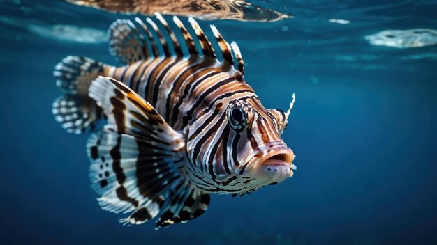 Photo beautiful lion fish hovering in mid water