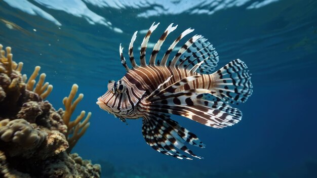 Photo beautiful lion fish hovering in mid water