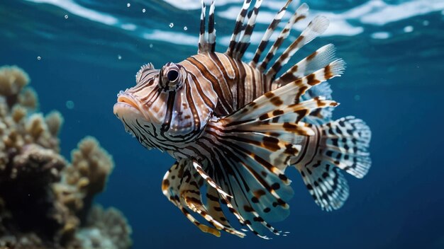 Photo beautiful lion fish hovering in mid water