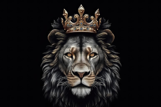 Photo beautiful lion in gold crown on matte black background generative ai