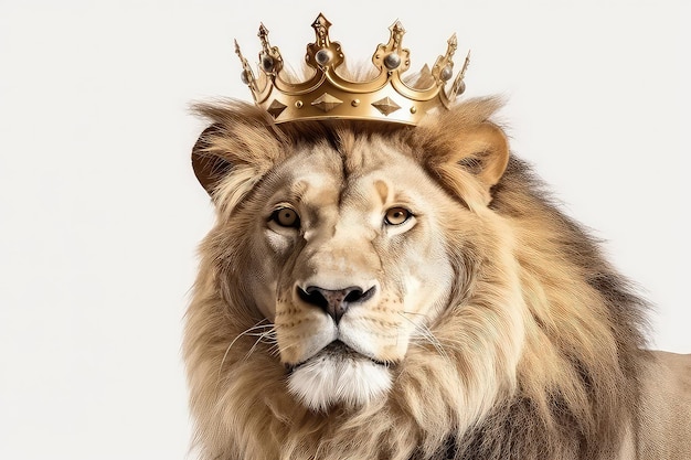 Beautiful Lion In Gold Crown On White Background Generative AI