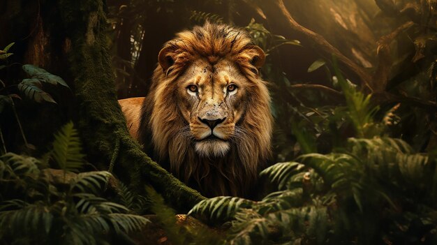 Beautiful lion mountain next tree animal picture Ai generated art