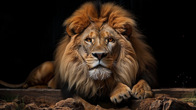 写真 暗い背景の美しいライオン