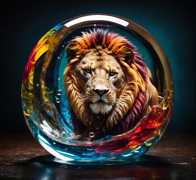 Beautiful lion in a round glass vase on a dark background