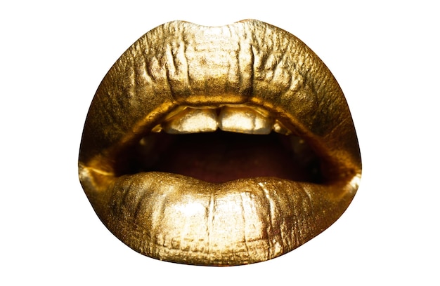 Beautiful lipped woman gold mouth sensual golden lips sexy lip isolated on white creative art glitte