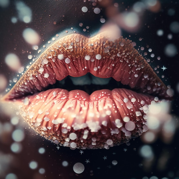 Beautiful lips closeup and falling snow snowflakes unusual winter background illustration