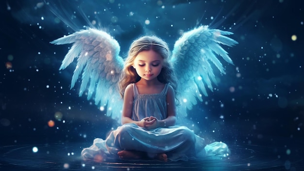 Красивый маленький ангел с крыльями в ночном небе на фоне луны Generative AI