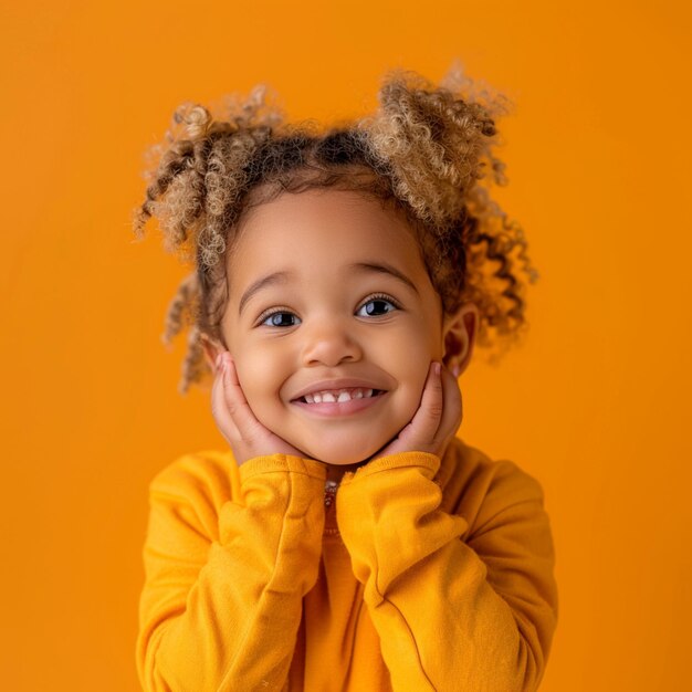 Photo beautiful little baby smiles winking posing touching face with her hands in cute clothing