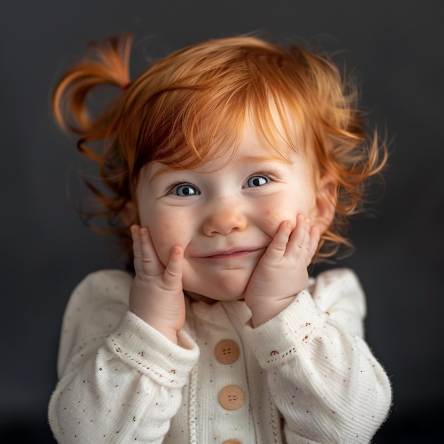 Photo beautiful little baby smiles winking posing touching face with her hands in cute clothing