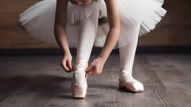 Photo beautiful little ballerina puting on foot pointe shoes