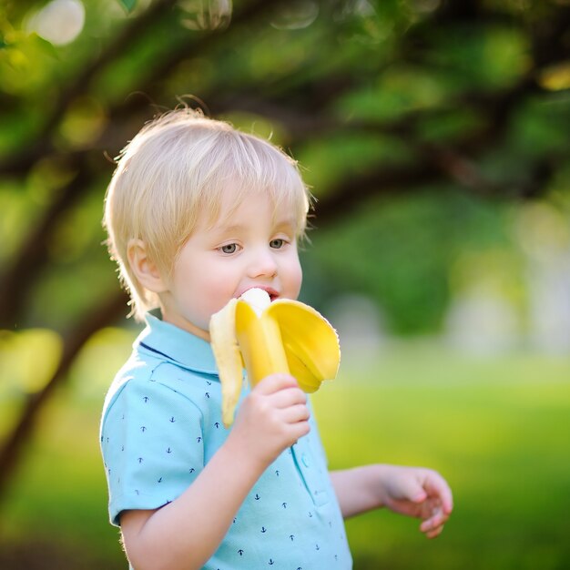 夏の日当たりの良い公園でピクニック中にバナナを食べる美しい男の子