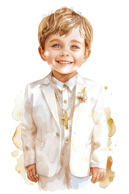 Beautiful little boy First Communion Confirmation Watercolor background Warm colors White Background