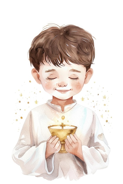 Beautiful little boy First Communion Confirmation Watercolor background Warm colors White Background