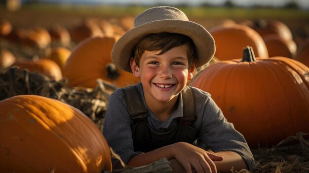 Beautiful little boy helping to harvest pumpkins growing in field on sunny autumn day Happy cute child laughing picking pumpkins on Halloween