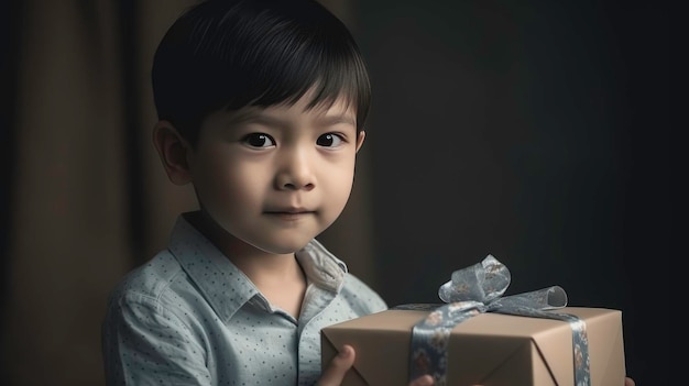 Beautiful little boy holding a gift box Portrait child boy holding birthday gift box