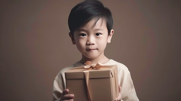ギフト用の箱を持っている美しい小さな男の子 誕生日のギフト用の箱を持っている肖像画の子供の男の子