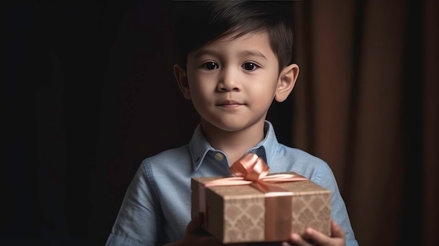 Beautiful little boy holding a gift box Portrait child boy holding birthday gift boxAIgenerated