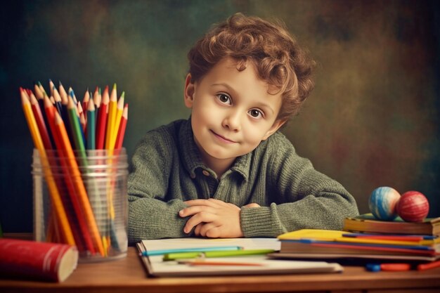 美しい小さな男の子が学校の机に座って,学校に戻るという看板を握っています.