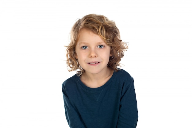 Photo beautiful little boy with blond long hair