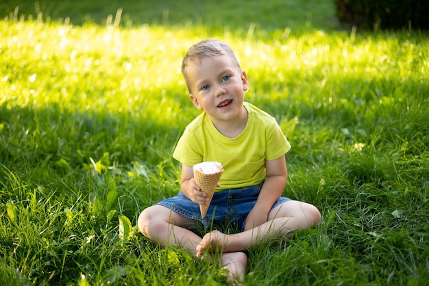 青い目とブロンドの髪を持つ美しい少年が公園でアイスクリームを食べる緑の草の上に座って笑顔で喜ぶ