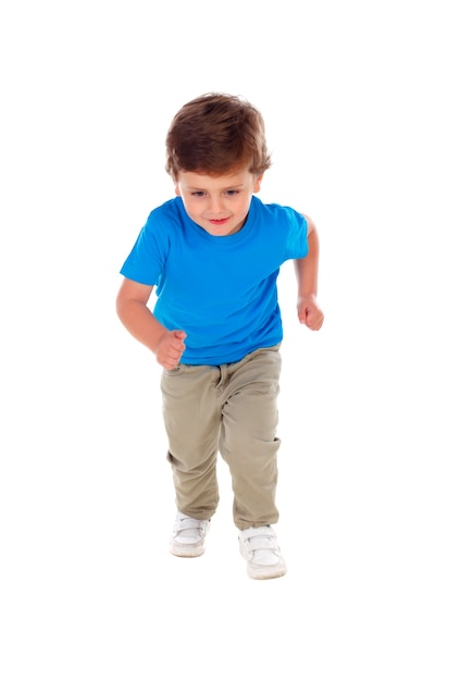 아름 다운 작은 아이 세 살 파란색 티셔츠 실행