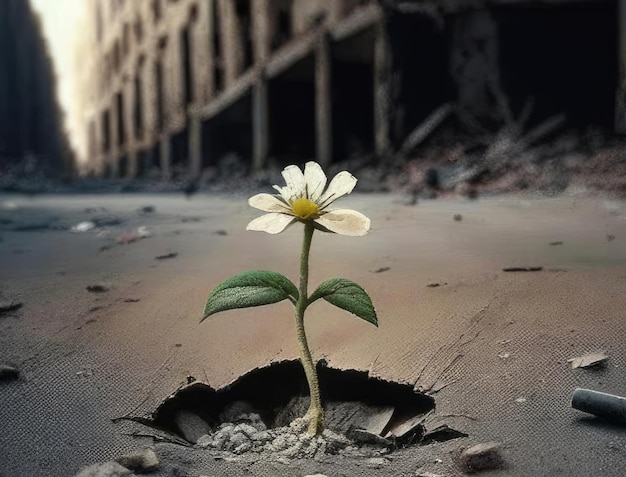 A beautiful little flower grows out of asphalt Devastation after the war life and death Against the background of a war zone or a bombedout city Generative AI