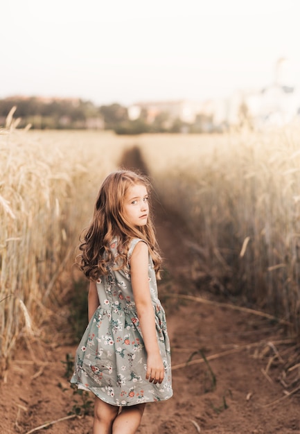 Beautiful little girl blonde with long hair walking through a wheat field