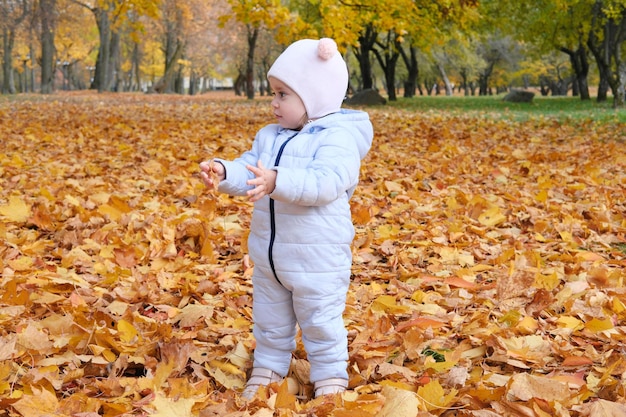 Photo beautiful little girl in blue overalls in autumn park horizontal photo