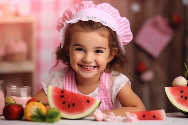 Beautiful little girl cooking in the kitchen summer banner