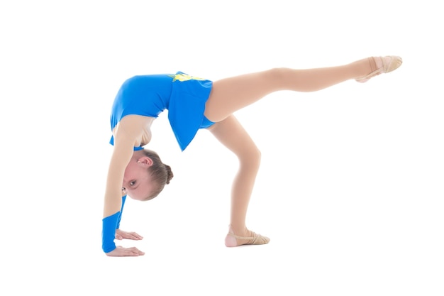 Beautiful little girl doing gymnastics isolated on white background