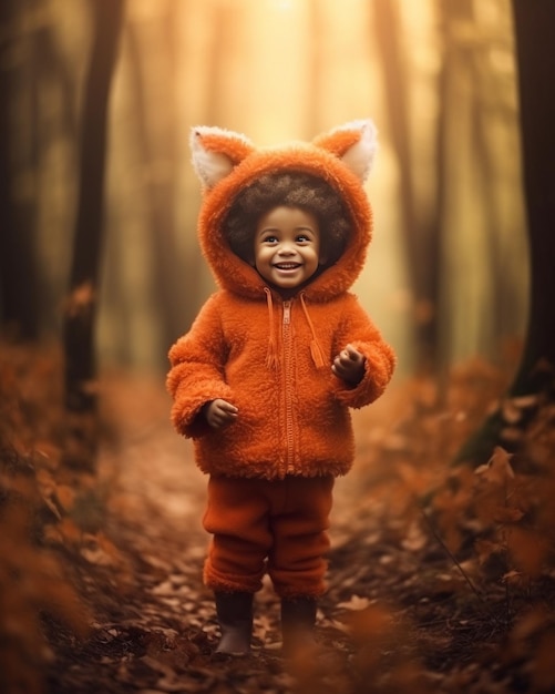 Photo a beautiful little girl in a fox costume and with a fox tail in jeans stands at the generative ai