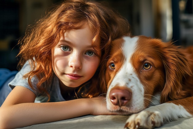 写真 美しい小さな女の子が犬を抱きしめている 友情の子供と犬