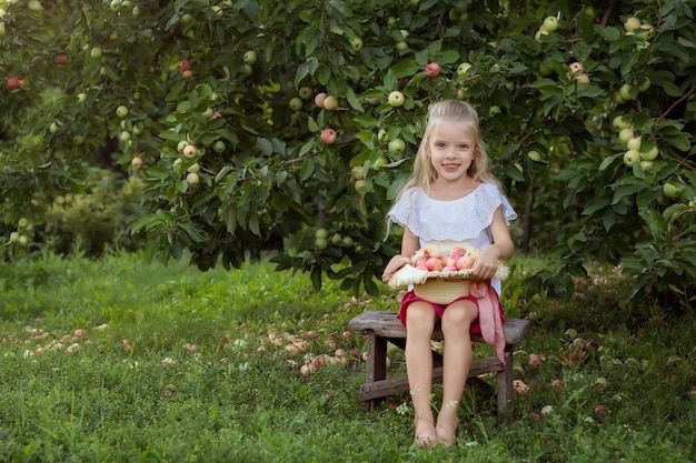 庭で有機リンゴを摘む美しい少女収穫のコンセプト子供が農場でリンゴを摘む健康食品