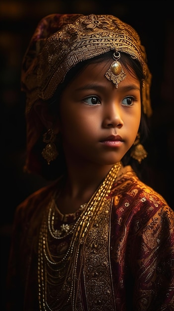 A beautiful little girl in traditional Indian clothing and jewelry intricate gold embroidery