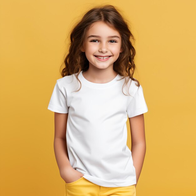 Photo beautiful little girl in a white blank tshirt