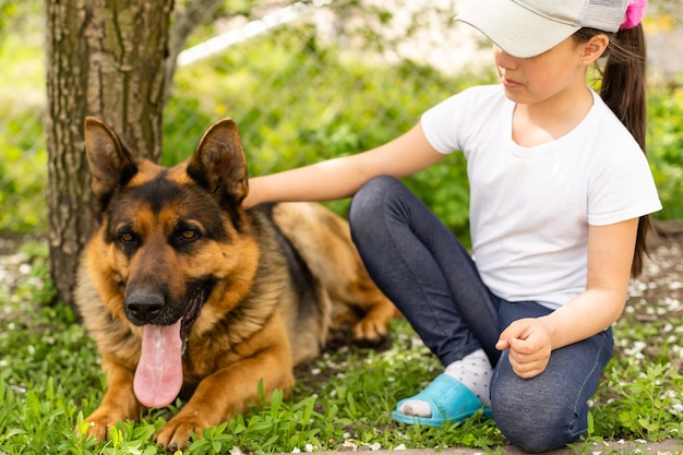 beautiful little girl with a german shepherd playing on the lawn at the day time.