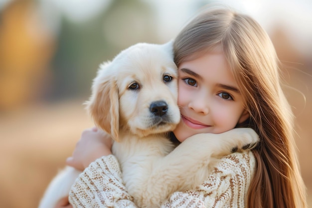 Beautiful little girl with golden retriever puppy