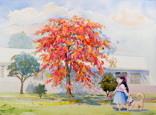 彼女の犬の猫と春の庭を歩いている美しい少女水彩画